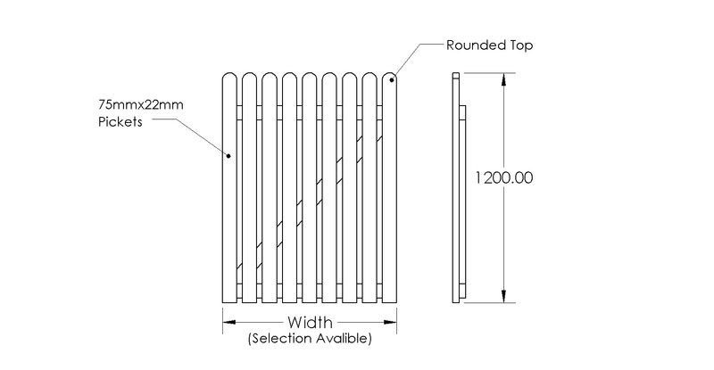 Pressure Treated Picket Side Gate Round Top 1.2m drawing