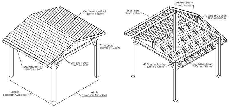 Oak Wooden Gazebo - Treated Featheredge - Apex Design - No Overhang drawing