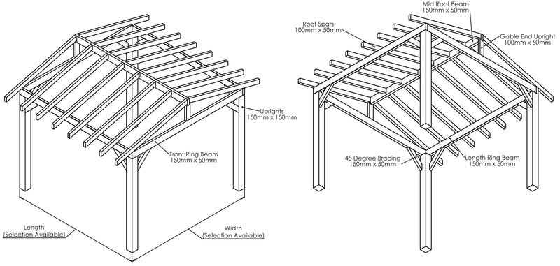 Oak Wooden Pergola - Open Roof - Apex Structure - No Overhang drawing