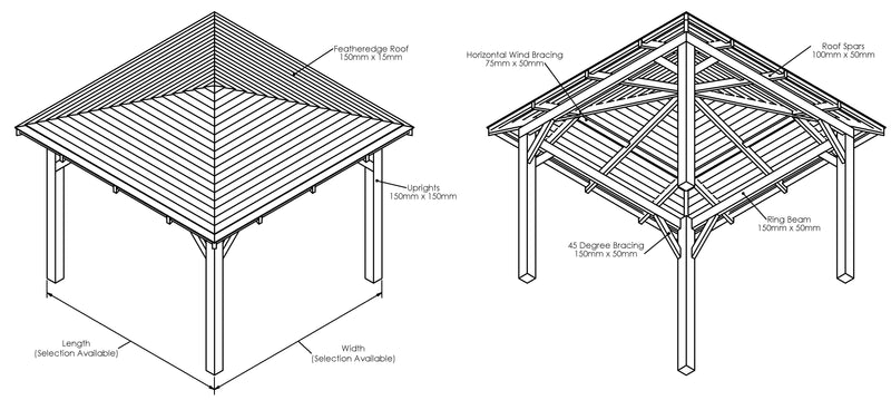 Wooden Gazebo - Treated Featheredge Roof - 4 Pitch Design drawing