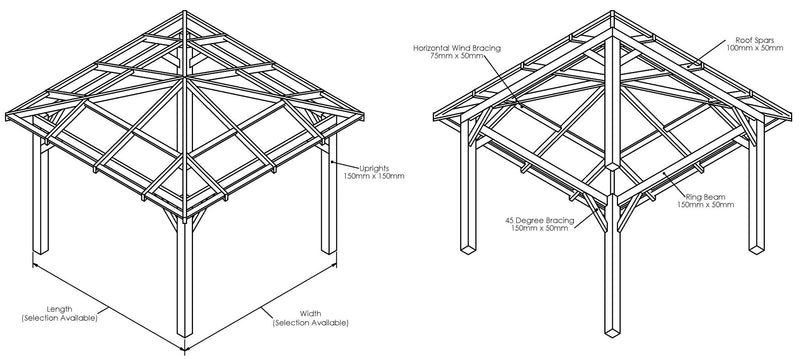 Wooden Pergola - Open Roof - 4 Pitch Design drawing