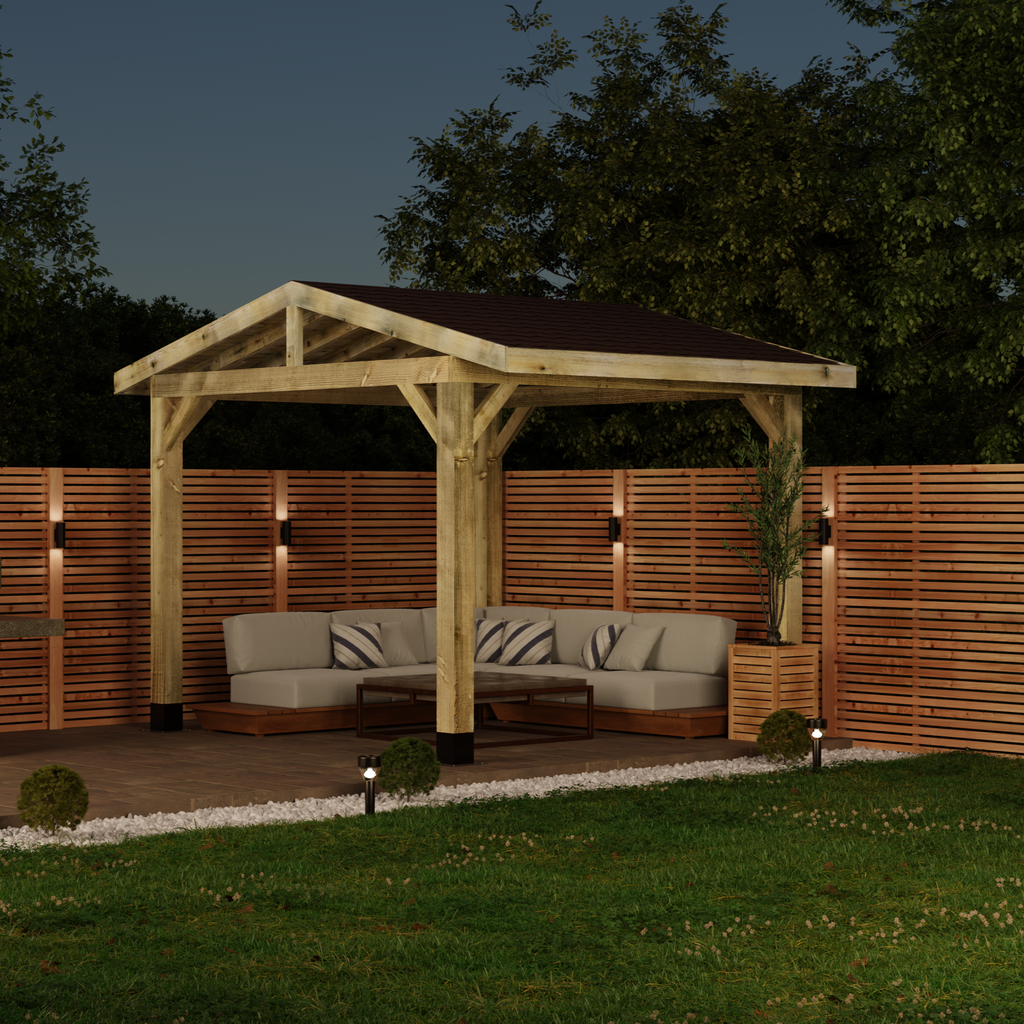 Wooden Gazebo - Katepal Brown Shingle Roof - Apex Design - No Overhang night