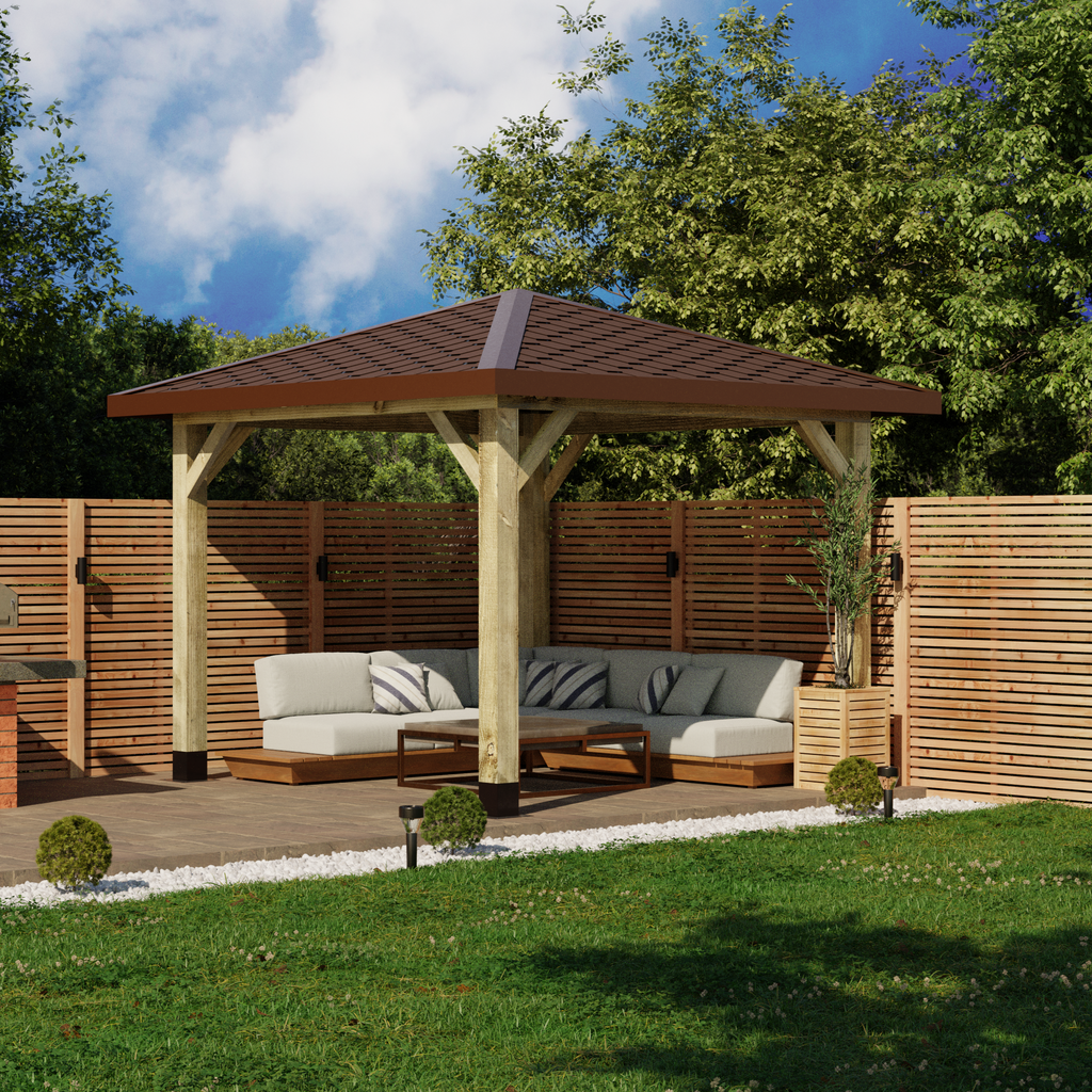 Wooden Gazebo - Katepal Brown Shingle Roof - 4 Pitch Design day