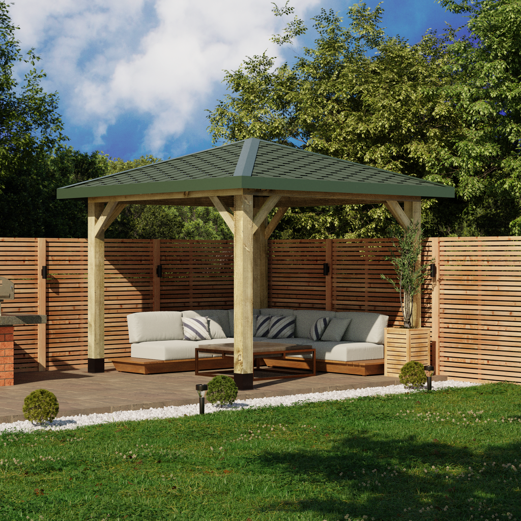 Wooden Gazebo - Katepal Green Shingle Roof - 4 Pitch Design day