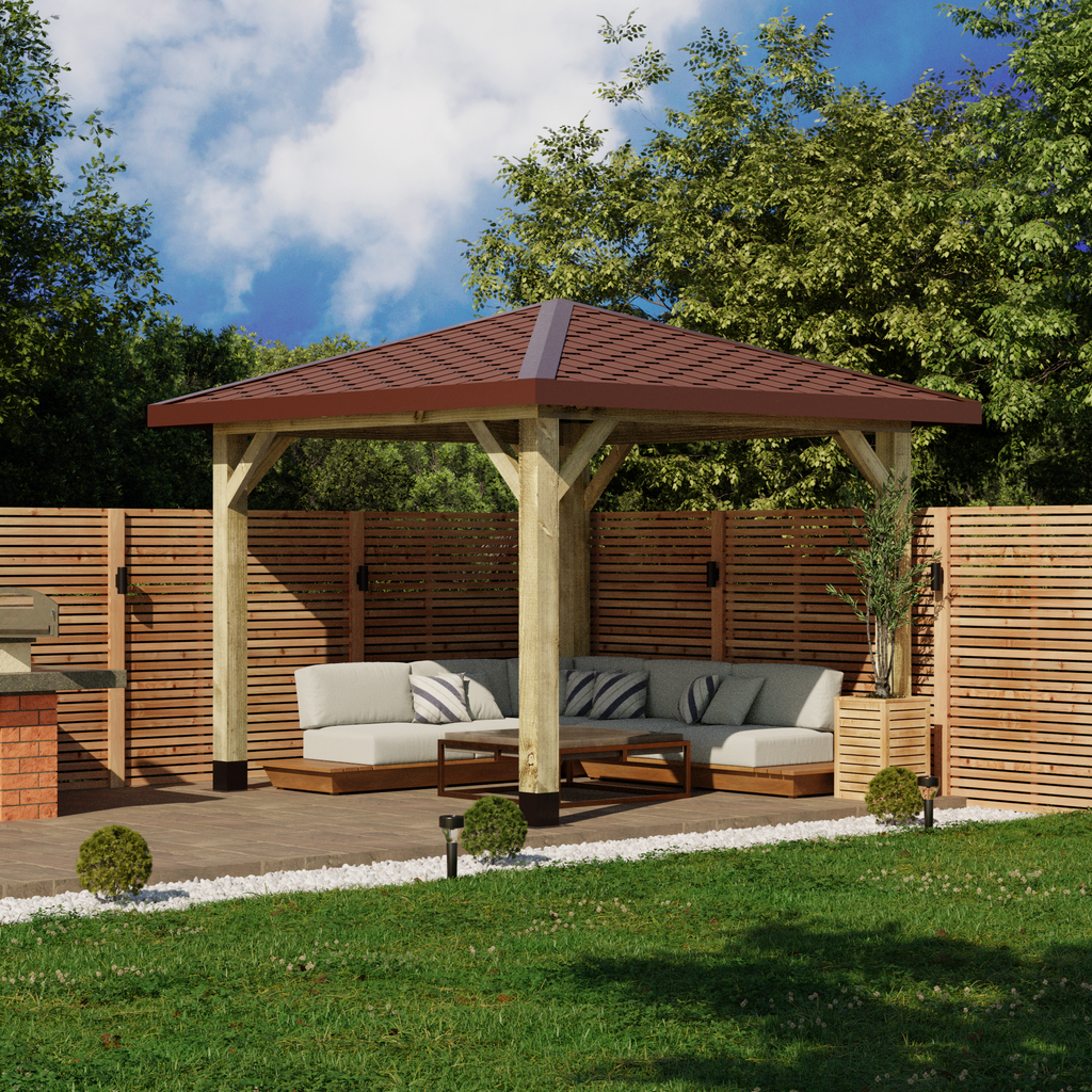 Wooden Gazebo - Katepal Red Shingle Roof - 4 Pitch Design day