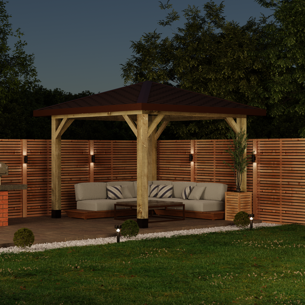 Wooden Gazebo - Katepal Brown Shingle Roof - 4 Pitch Design night