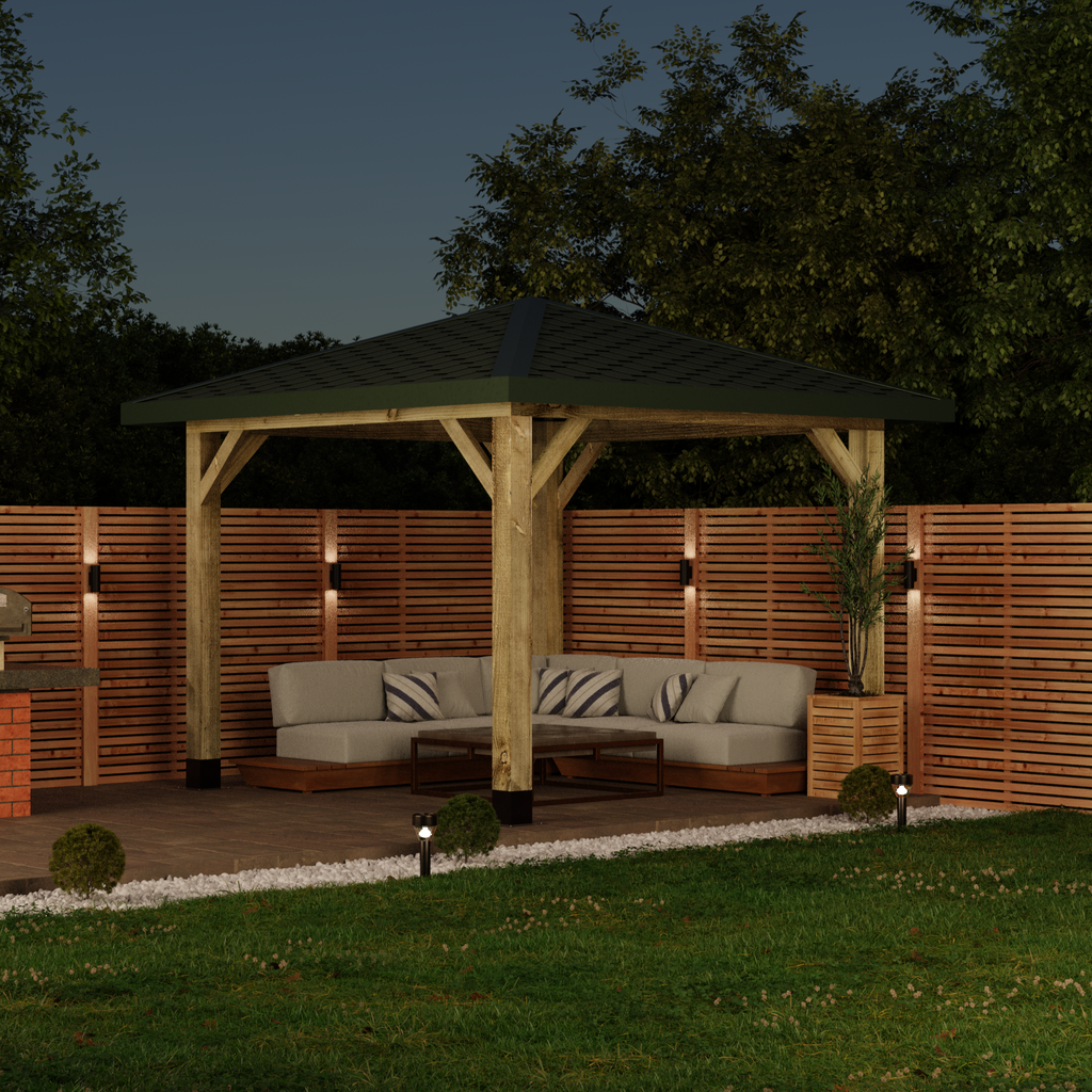 Wooden Gazebo - Katepal Green Shingle Roof - 4 Pitch Design night