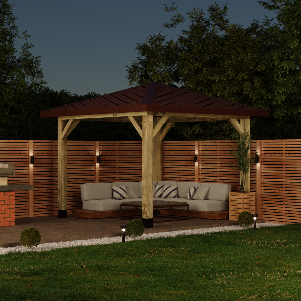 Wooden Gazebo - Katepal Red Shingle Roof - 4 Pitch Design night