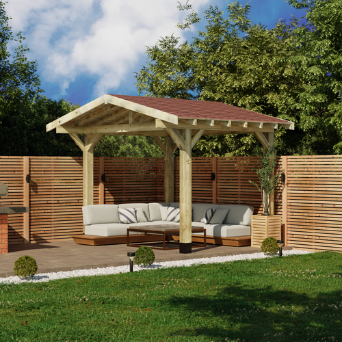 Wooden Pergola Kit – Sturdy Structure with Red Shingle Roof