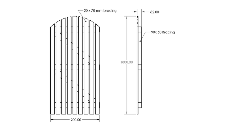 6ft x 3ft Premium Curved Top Picket Gate drawing