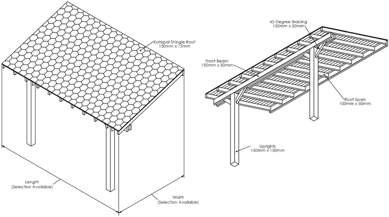 Wooden Gazebo - Katepal Green Shingle Roof - Lean-To Design drawing